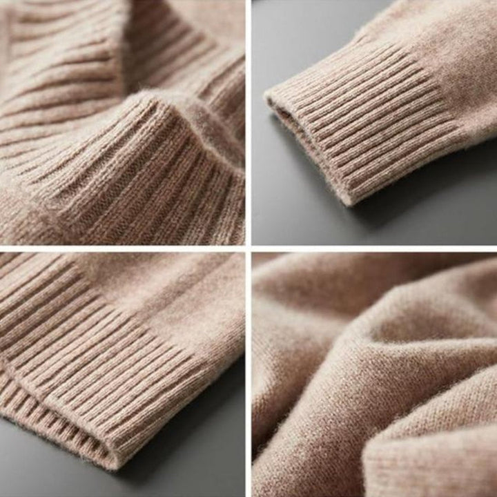Close-up of a men's long sleeve ribbed mock neck sweater, showcasing its comfortable texture and quality.