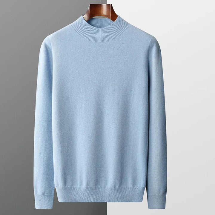 Stylish menswear: A men's mock neck sweater with ribbed detailing, ideal for elevated casual or semiformal looks.