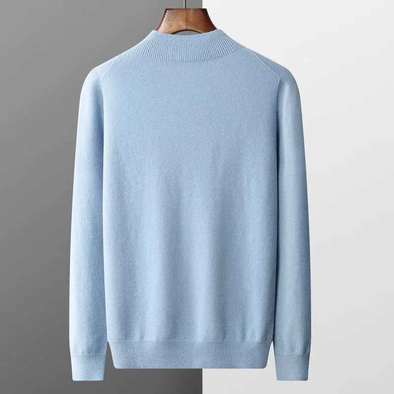 Comfortable men's ribbed mock neck sweater in grey, designed for warmth & a sophisticated winter wardrobe.