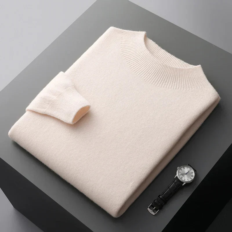 Detail of the ribbed texture on a men's mock neck sweater, emphasizing its quality craftsmanship and design.