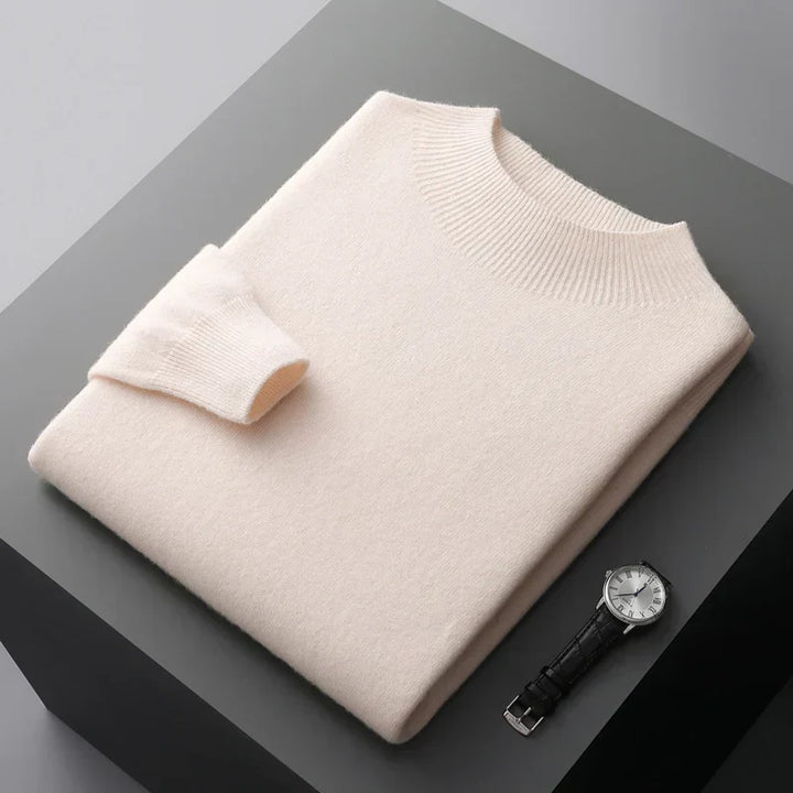 Detail of the ribbed texture on a men's mock neck sweater, emphasizing its quality craftsmanship and design.