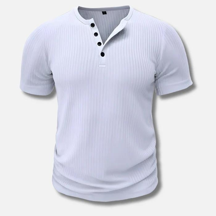 Men's ribbed muscle fit Henley t-shirt, modern and stylish short sleeve top for everyday casual wear.