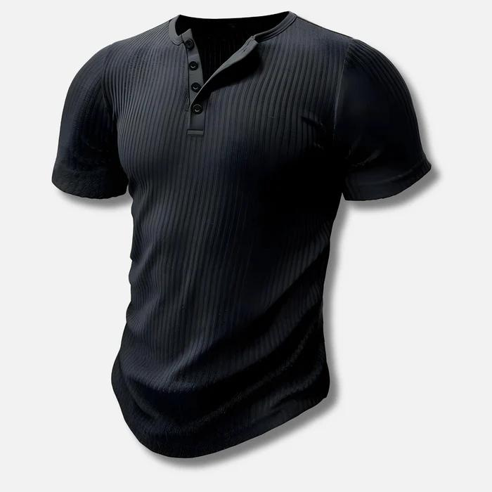 Close-up of a men's ribbed muscle fit Henley t-shirt, showcasing the unique texture & slim fit style.