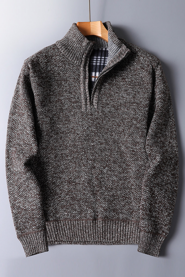 Versatile men's ribbed quarter zip mock neck sweater. Ideal for casual fall outfits & comfortable everyday wear.