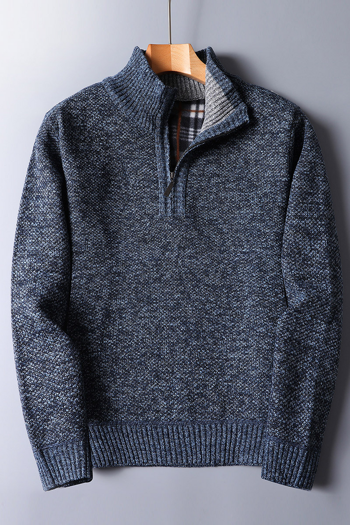 Classic men's ribbed quarter zip sweater, sleek mock neck. A cozy, stylish, and versatile piece for fall/winter.