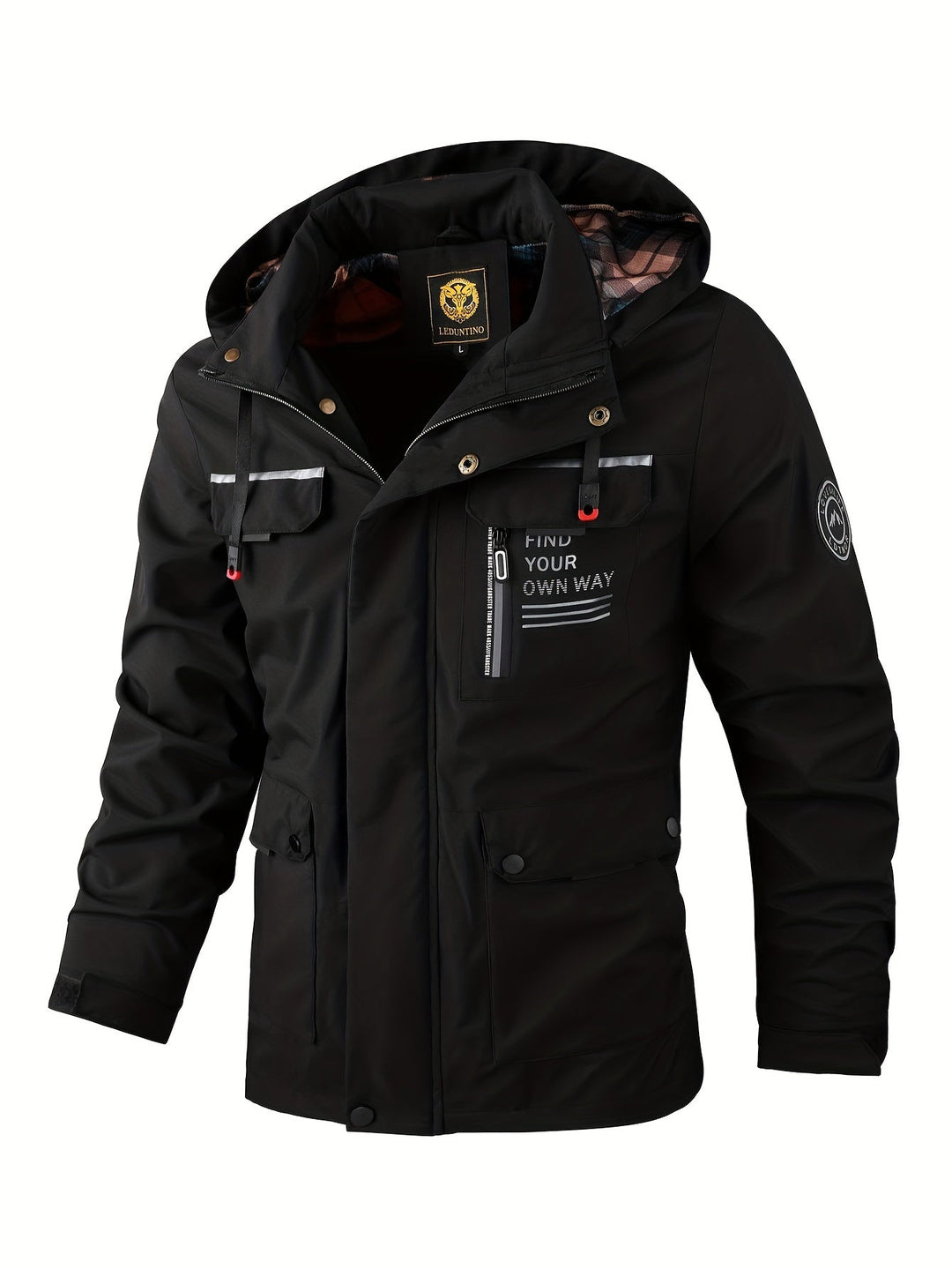 Men's rugged all-weather outdoor jacket in black, waterproof and windproof for winter activities.