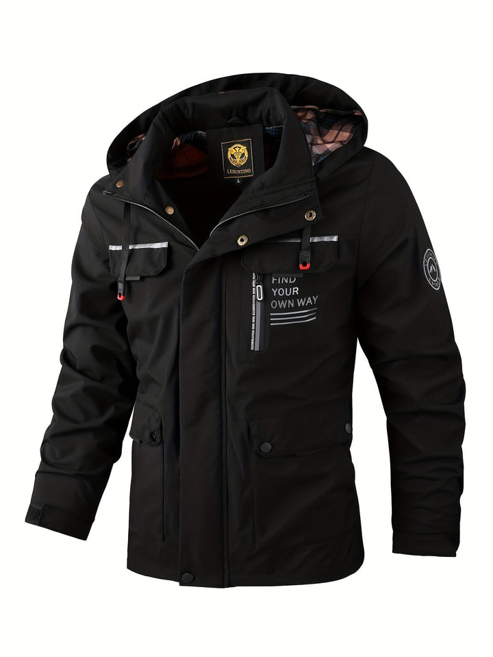 Men's rugged all-weather outdoor jacket in black, waterproof and windproof for winter activities.
