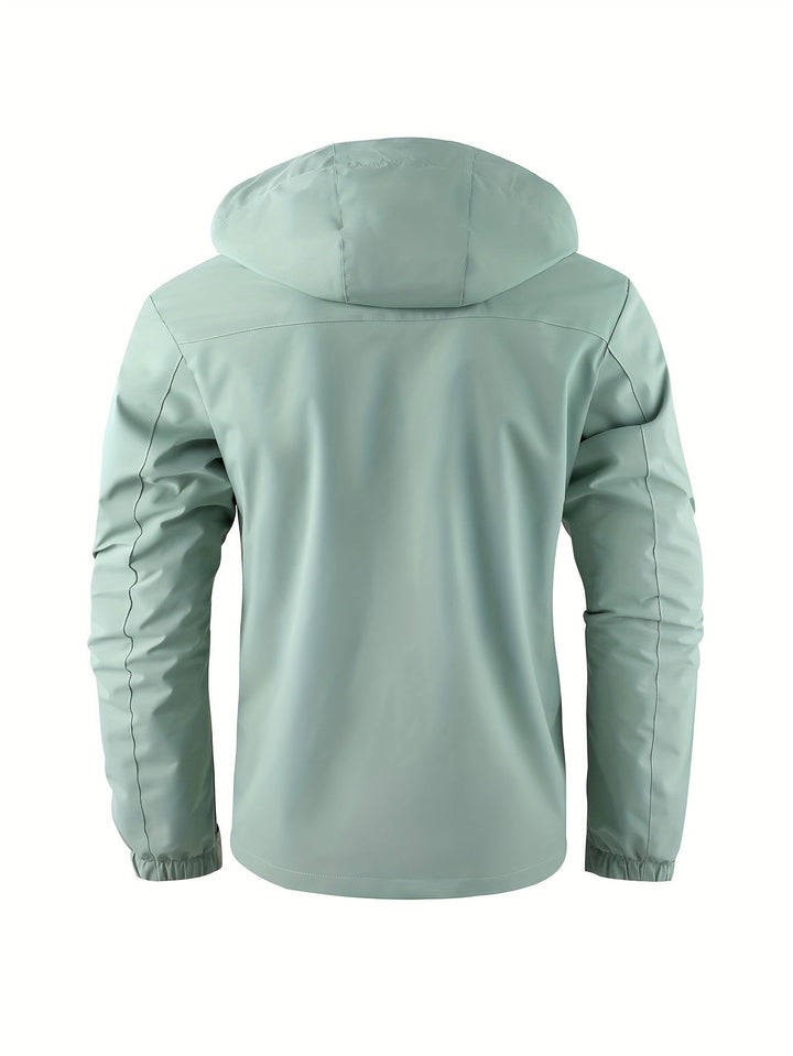 Close-up of a men's waterproof windproof outdoor jacket, showcasing durable fabric and seams.
