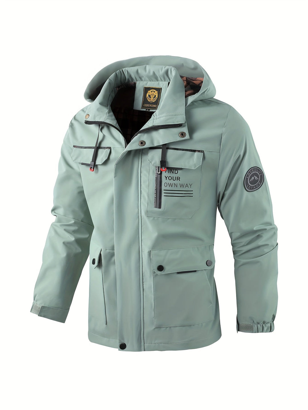 Men's outdoor jacket with hood, ideal for winter, shown in a vibrant red color, activewear.