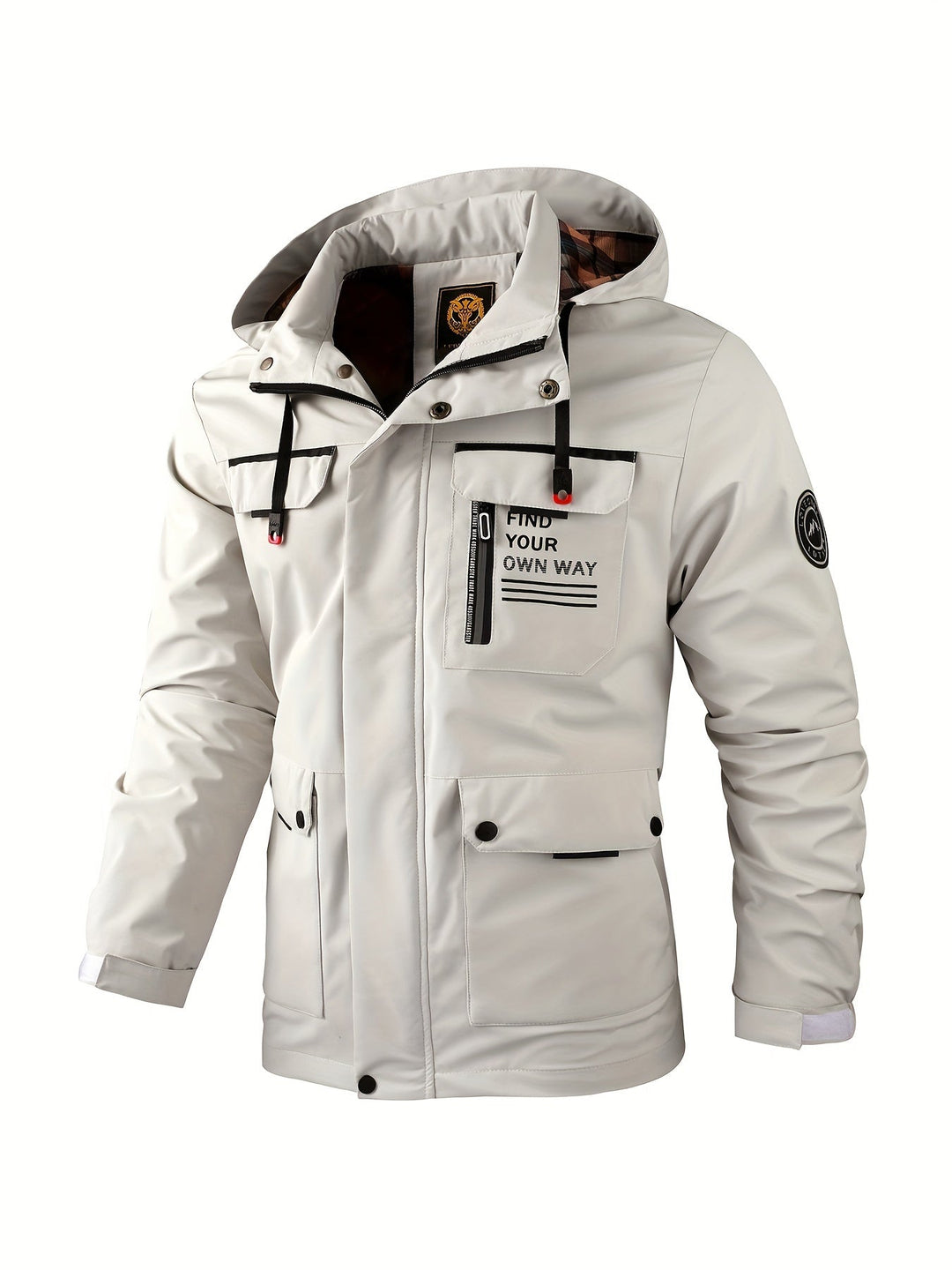 Front view of a rugged men's all-weather outdoor jacket in grey, perfect for cold weather.