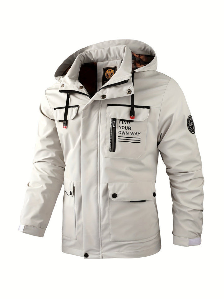 Front view of a rugged men's all-weather outdoor jacket in grey, perfect for cold weather.