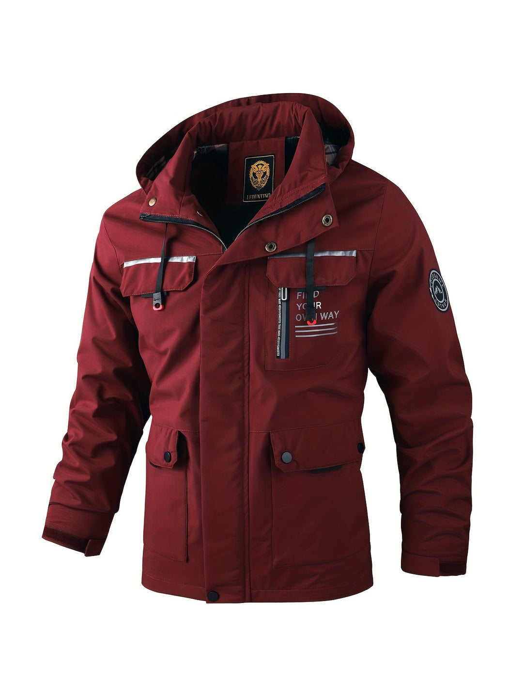 Sleeve detail of a men's waterproof windproof jacket, featuring adjustable cuffs and logo.