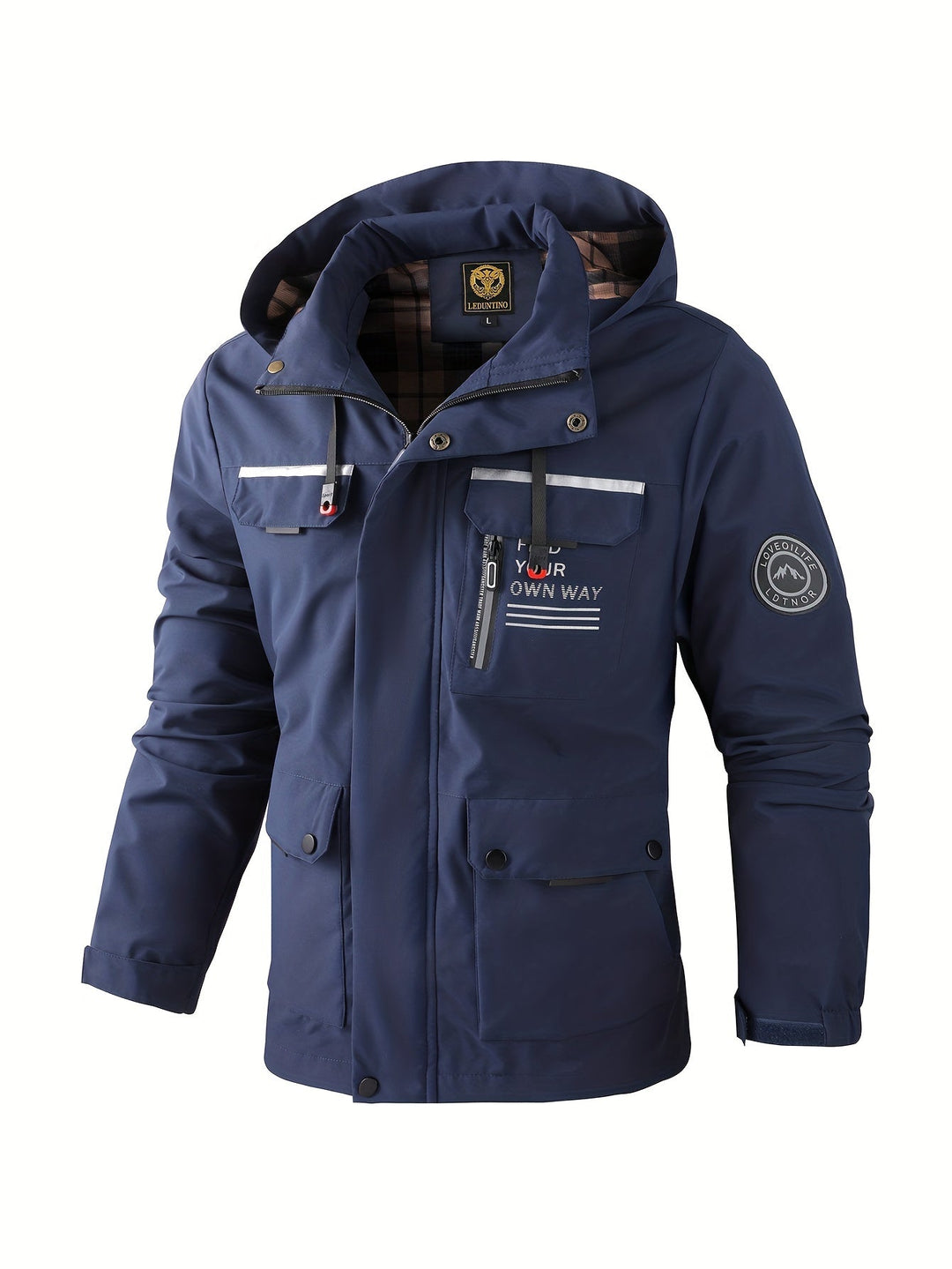 Three men's all-weather outdoor jackets in black, blue, and red, displayed together, activewear.