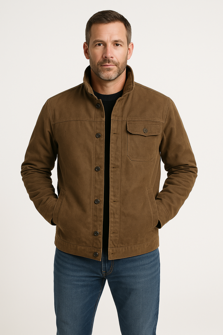 Men's rugged brown utility jacket for autumn adventures. Practical outdoor wear & stylish fall fashion.