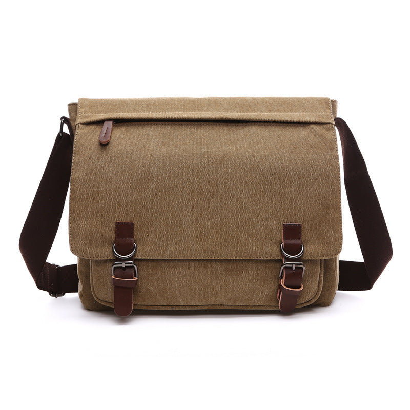 Men's rugged canvas shoulder messenger bag in dark brown with front flap closure, ideal for daily use