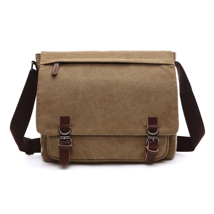 Men's rugged canvas shoulder messenger bag in dark brown with front flap closure, ideal for daily use