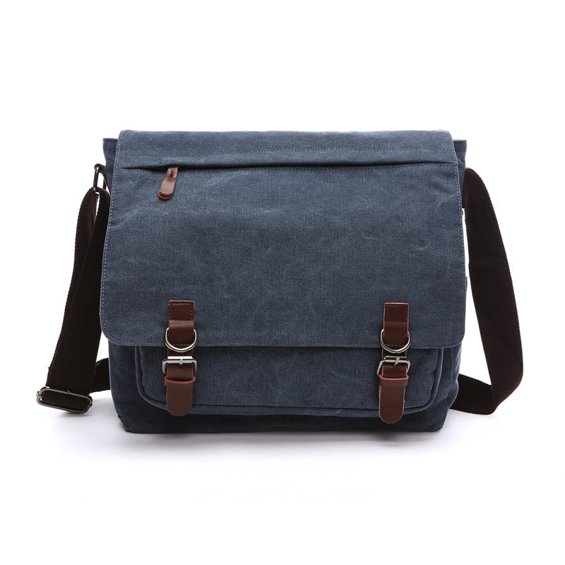 Close-up of a new men's casual crossbody canvas messenger bag with durable material and adjustable strap
