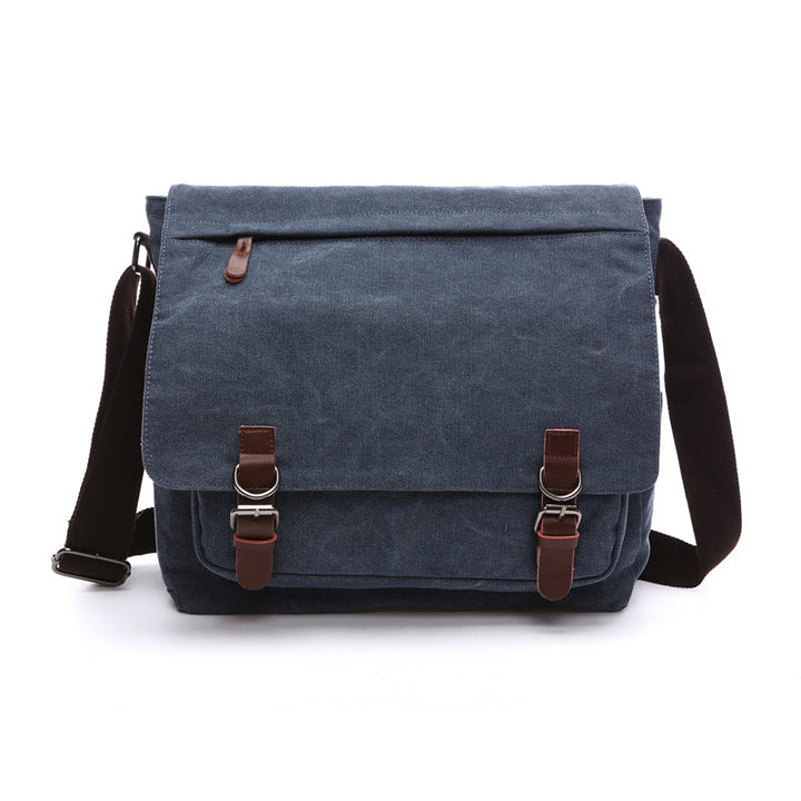 Close-up of a new men's casual crossbody canvas messenger bag with durable material and adjustable strap