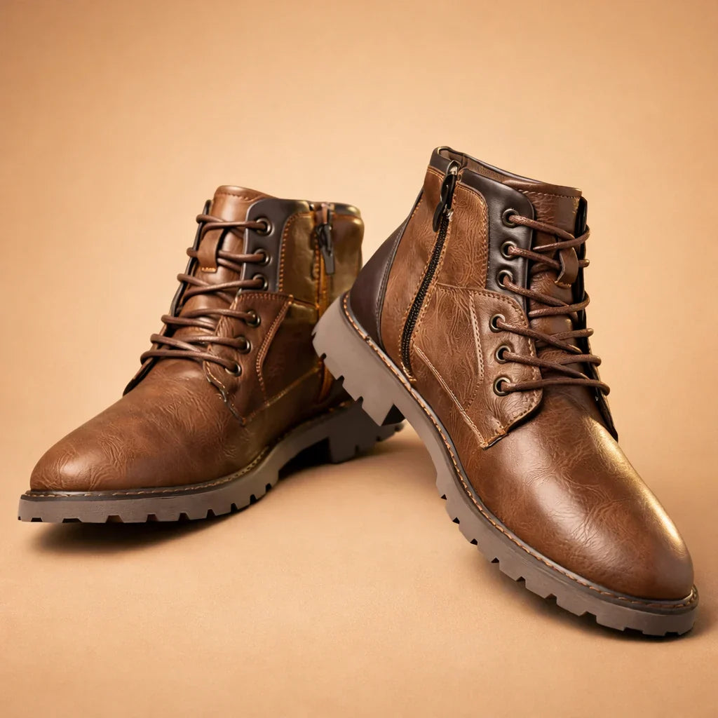 Men's rugged lace-up ankle boots with side zipper, ideal for comfortable everyday casual style. Versatile fashion footwear.