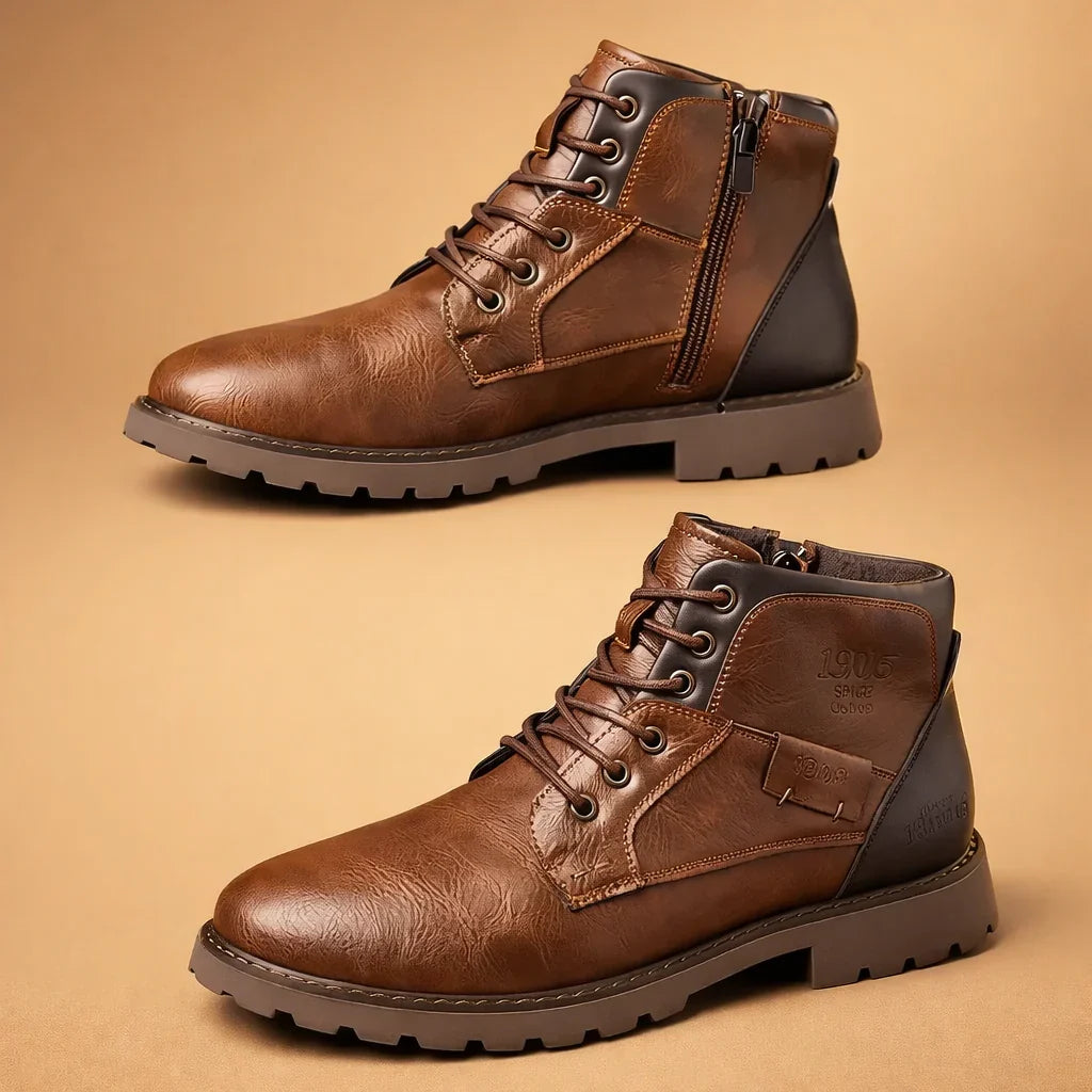 Stylish men's rugged lace-up boots with convenient side zipper, perfect for everyday versatile smart casual fashion.