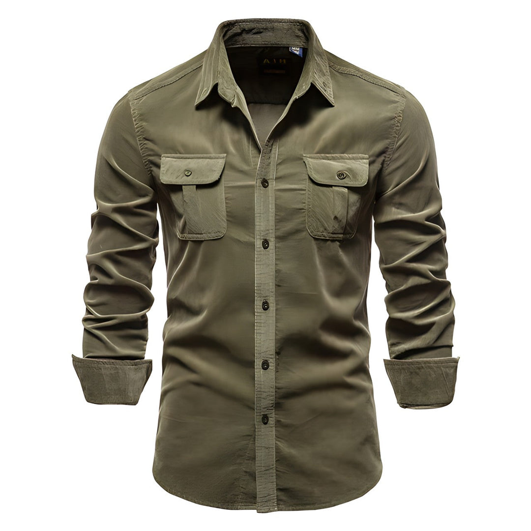 Men's rugged long sleeve cargo button-down shirt, perfect for versatile everyday wear & outdoor adventures.