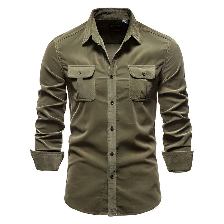 Men's rugged long sleeve cargo button-down shirt, perfect for versatile everyday wear & outdoor adventures.