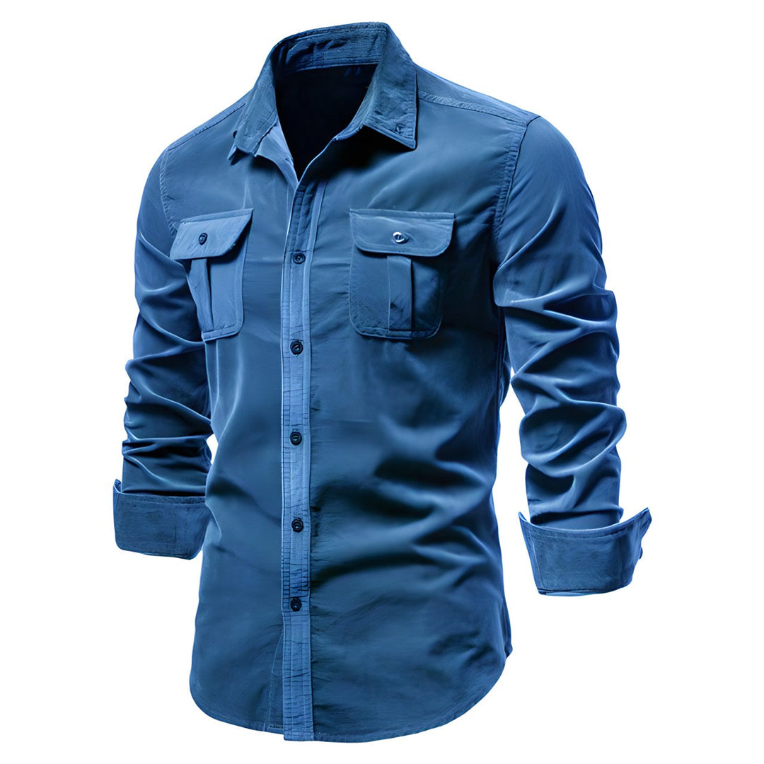 Men's long sleeve cargo button-down shirt with chest pockets. Rugged, versatile, perfect for casual outdoor style.