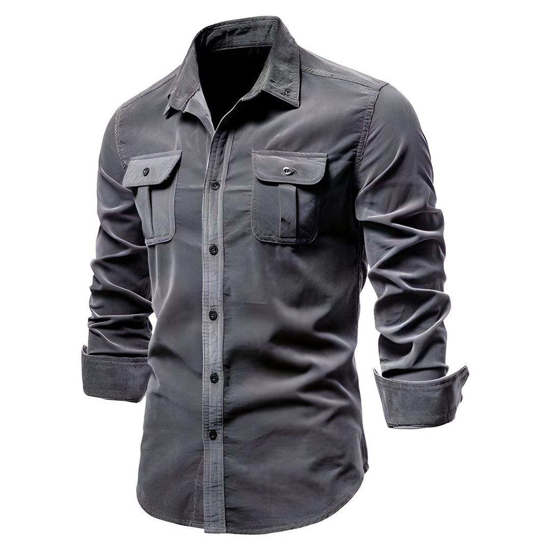 Versatile men's long sleeve cargo button-down shirt. Stylish, rugged, great for casual wear & outdoor fashion trends.
