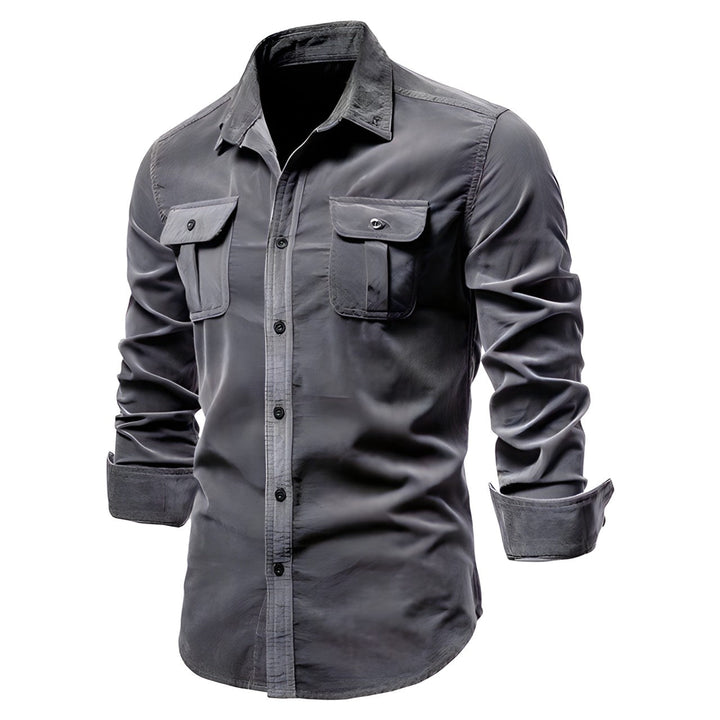 Versatile men's long sleeve cargo button-down shirt. Stylish, rugged, great for casual wear & outdoor fashion trends.