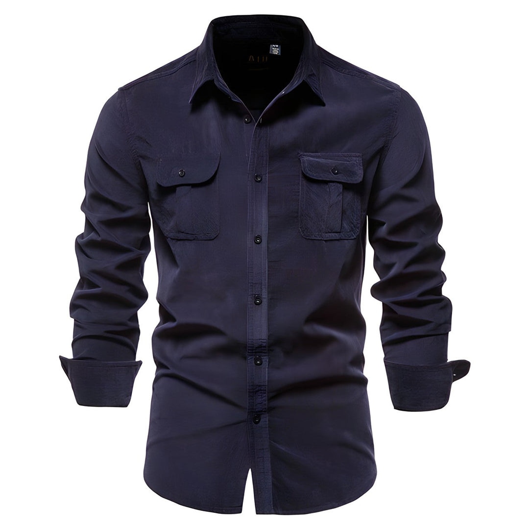 Durable men's rugged long sleeve cargo shirt. Button-down, utility pockets, ideal for outdoor adventures & casual style.
