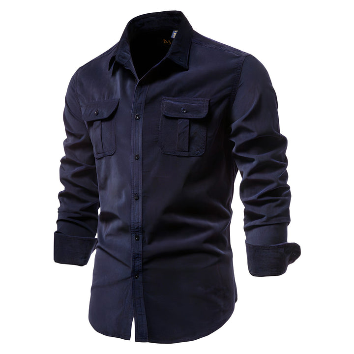 Men's casual long sleeve cargo button-down shirt. Rugged utility style, perfect for everyday fashion & outdoor activities.