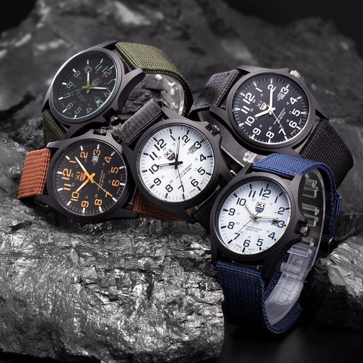 Adventure-ready men's watch: water-resistant, shockproof, with a robust stainless steel bezel and secure strap.