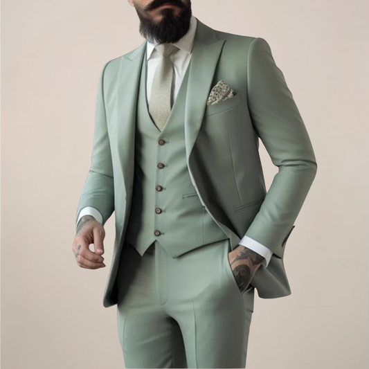 Men's sage green three-piece tailored suit set, ideal spring formal wear or wedding attire