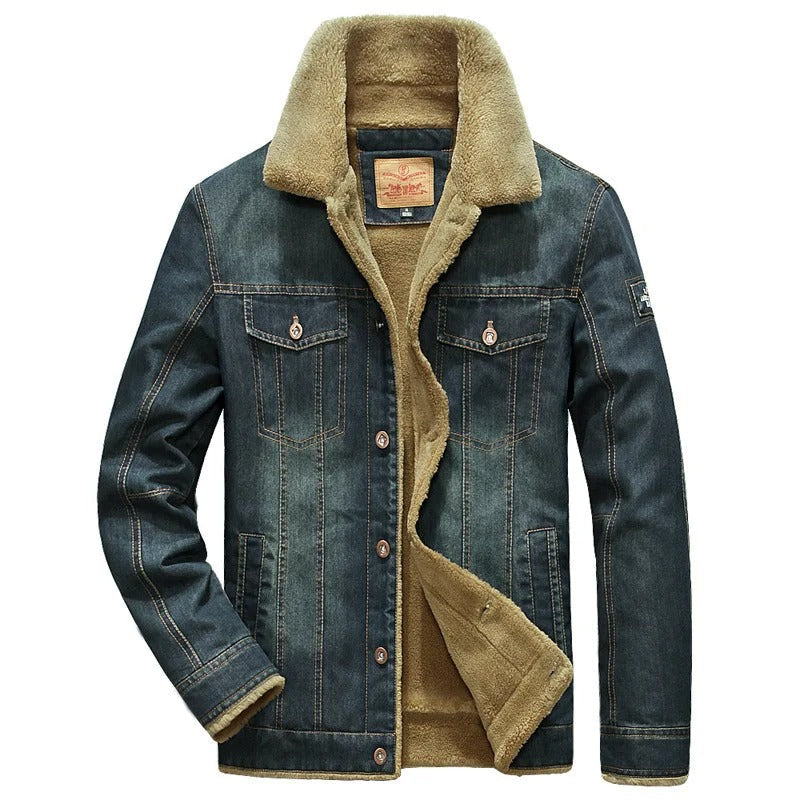 Men's sherpa lined trucker jacket, rugged denim style, warm fall outerwear with button-up front.