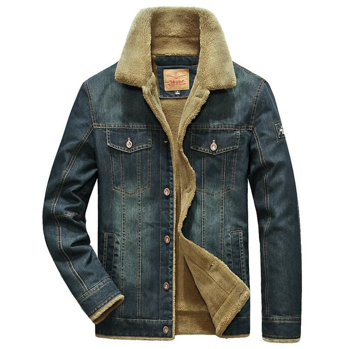 Men's sherpa lined trucker jacket, rugged denim style, warm fall outerwear with button-up front.