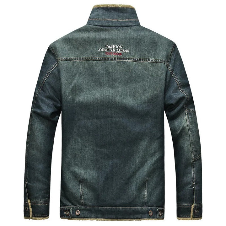 Rugged men's denim trucker jacket with cozy sherpa lining. Perfect casual outerwear for fall fashion.