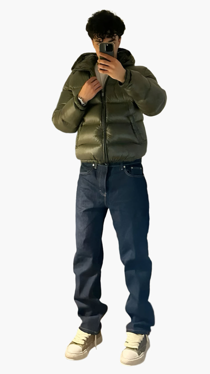 Insulated men's shiny hooded puffer jacket in dark color, ideal casual winter coat.