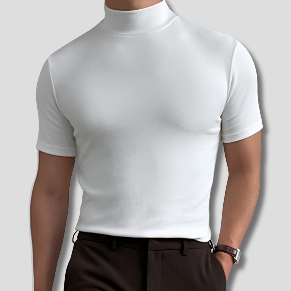 Men's short sleeve breathable turtleneck shirt in twill fabric, perfect for summer casual wear and daily fashion.