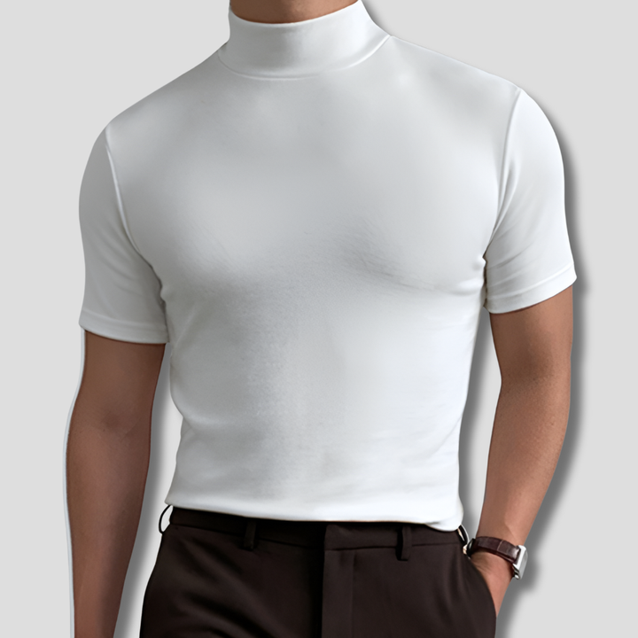 Men's short sleeve breathable turtleneck shirt in twill fabric, perfect for summer casual wear and daily fashion.
