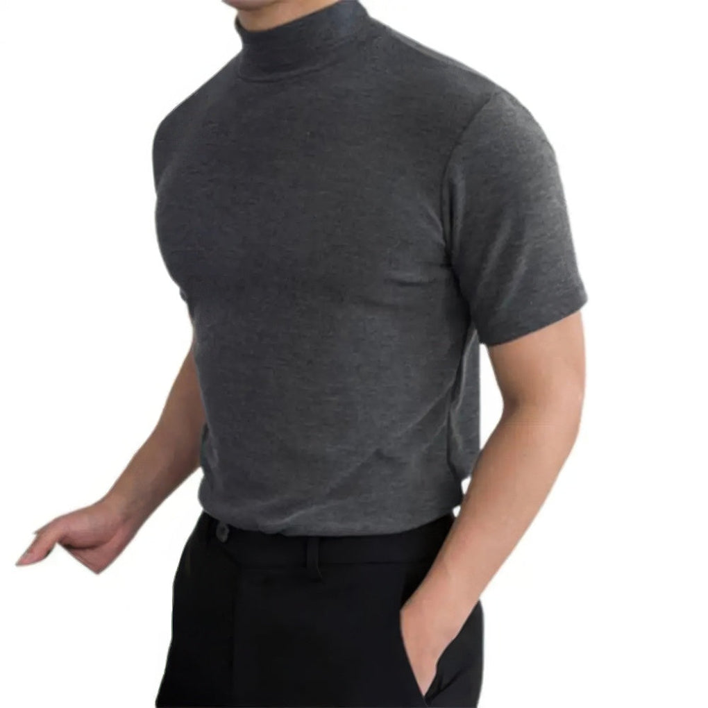 New men's breathable short sleeve twill turtleneck shirt, ideal casual wear for warm weather, stylish men's top.