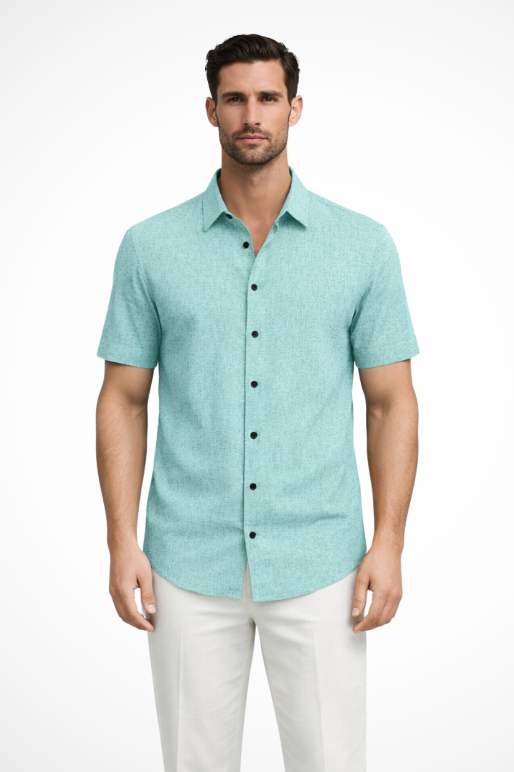 Men's short sleeve button down casual shirt. Versatile summer top for diverse fashion.