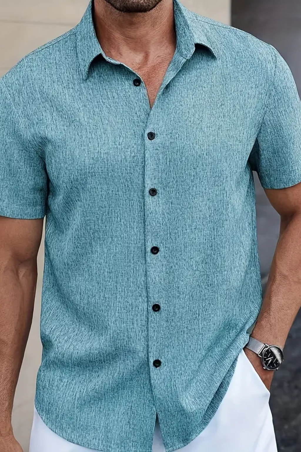 Relaxed fit men's short sleeve button down shirt. Essential casual wear for warm weather fashion.