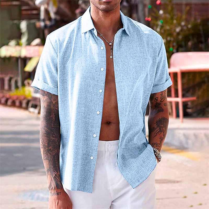 Casual men's short sleeve button front shirt. Summer vacation & beach outfit, relaxed fit for comfort.