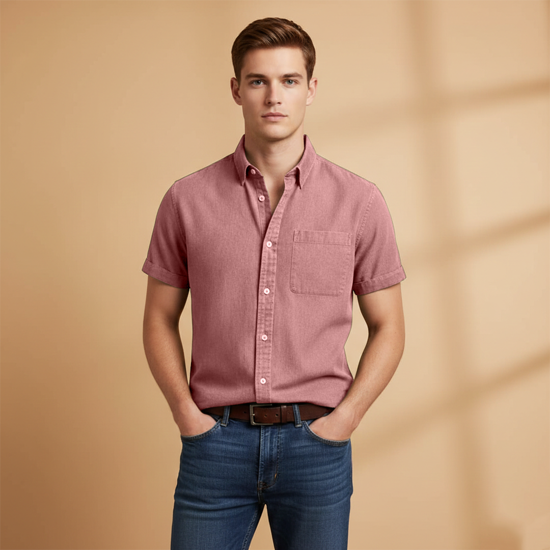 Classic men's short-sleeve button-up shirt with a chest pocket, perfect for warm weather style.