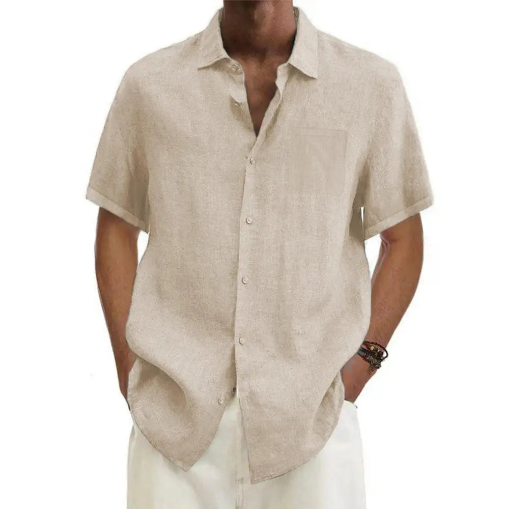 Men's short sleeve linen shirt with classic collar, perfect for summer casual wear and warm weather.