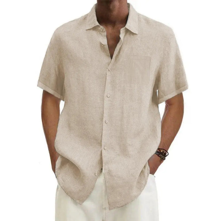 Men's short sleeve linen shirt with classic collar, perfect for summer casual wear and warm weather.