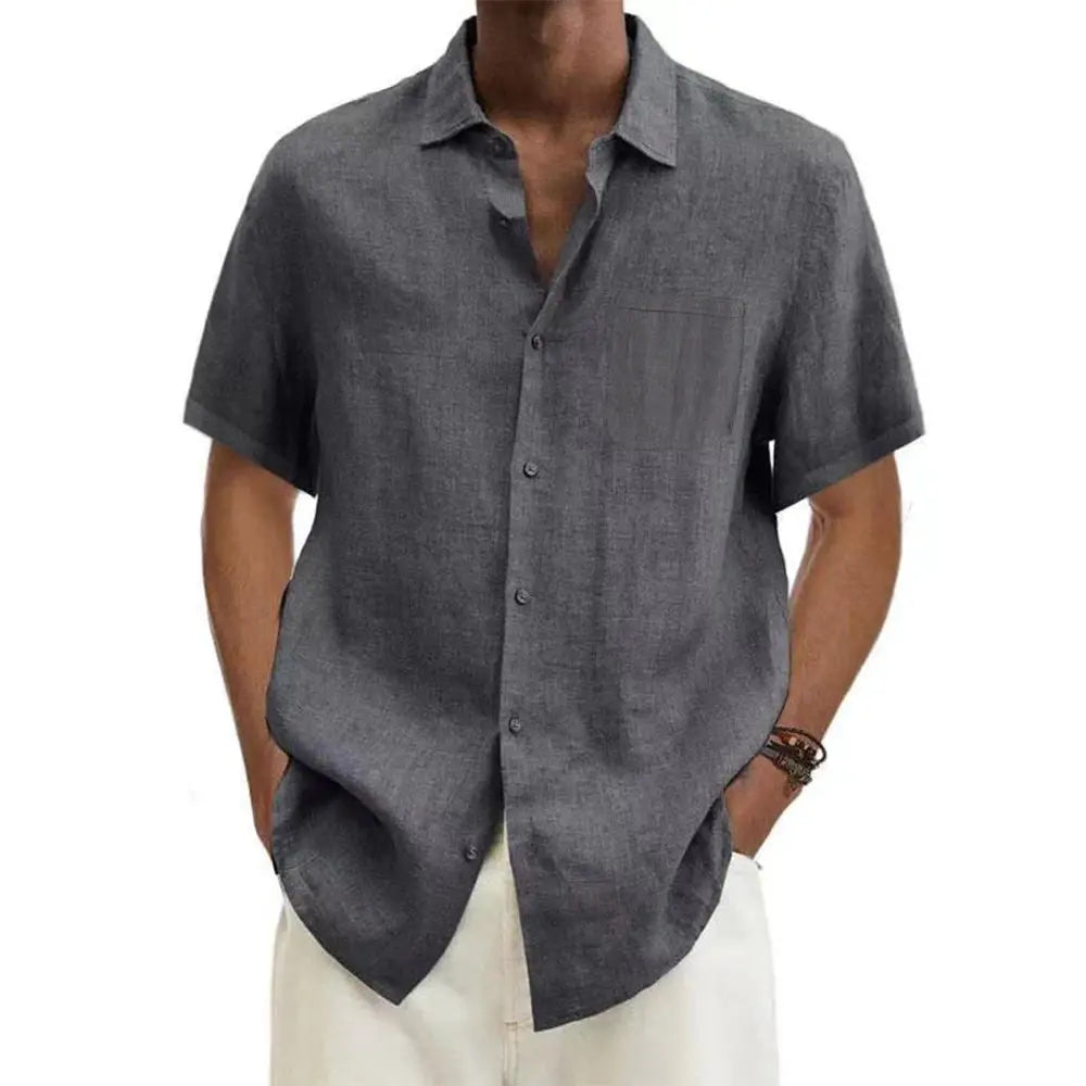 Casual men's linen short sleeve shirt, classic collar, relaxed fit for summer fashion & everyday wear.