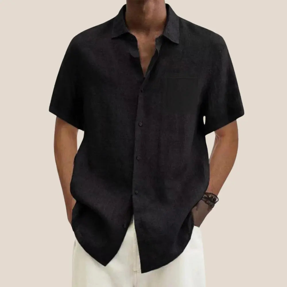 Versatile men's short sleeve linen shirt, classic collar, button-up, ideal for summer casual outings.