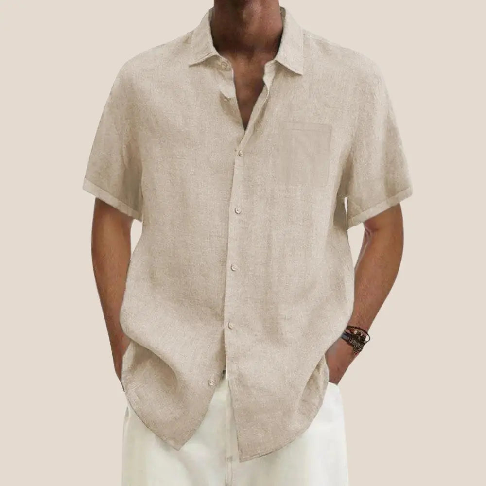 Men's short sleeve linen summer shirt, classic collar, casual button-up style for warm weather fashion.