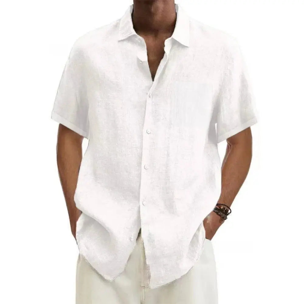 Stylish men's short sleeve linen shirt, classic collar, a perfect casual addition to summer fashion.